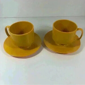 Set of 2 vintage Melamine teacups with saucers in  sunshine yellow